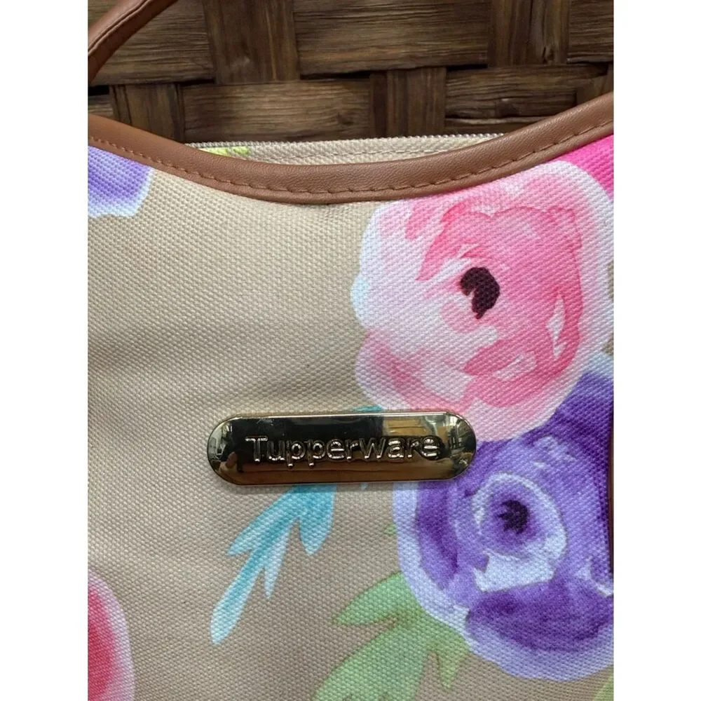 Tupperware Pink & Purple Floral Beige Tote with Brown Handles - Picture 2 of 5
